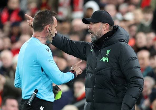 14th March 2024; Anfield, Liverpool, Merseyside, England; Europa League, Round of 16, Second Leg Football, Liverpool versus Sparta Prague; Liverpool manager Jurgen Klopp is shown a yellow card by referee Artur Manuel Soares Dias  ActionPlus12618019 DavidxBlunsden