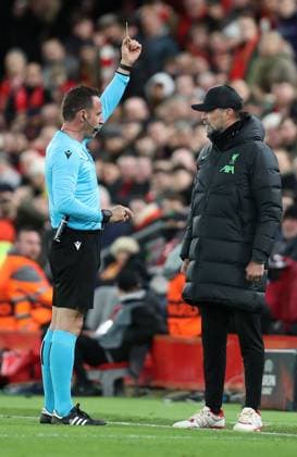 14th March 2024; Anfield, Liverpool, Merseyside, England; Europa League, Round of 16, Second Leg Football, Liverpool versus Sparta Prague; Liverpool manager Jurgen Klopp is shown a yellow card by referee Artur Manuel Soares Dias  ActionPlus12618020 DavidxBlunsden