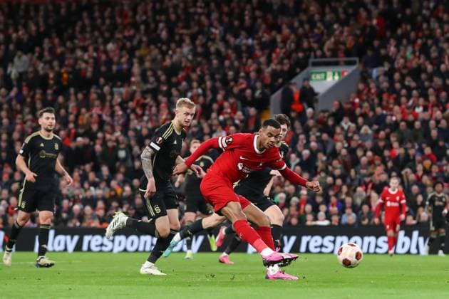 UEFA Europa League Liverpool v Sparta Prague Cody Gakpo of Liverpool shoots at goal, during the UEFA Europa League match Liverpool vs Sparta Prague at Anfield, Liverpool, United Kingdom, 14th March 2024 (Photo by Gareth Evans News Images) Liverpool Anfield Merseyside United Kingdom Copyright: xGarethxEvans NewsxImagesx