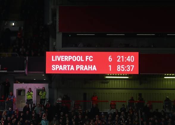 UEFA Europa League Liverpool v Sparta Prague The Anfield scoreboard displays the scoreboard, during the UEFA Europa League match Liverpool vs Sparta Prague at Anfield, Liverpool, United Kingdom, 14th March 2024 (Photo by Gareth Evans News Images) Liverpool Anfield Merseyside United Kingdom Copyright: xGarethxEvans NewsxImagesx