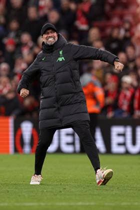 Liverpool manager Jurgen Klopp celebrates at the end of the match Liverpool v Sparta Prague, UEFA Europa League, Round of 16, Second Leg, Football, Anfield, Liverpool, UK - 14 Mar 2024 EDITORIAL USE ONLY No use with unauthorised audio, video, data, fixture lists, club league logos or live services. Online in-match use limited to 120 images, no video emulation. No use in betting, games or single club league player publications.  Copyright: xPaulxCurrie Shutterstockx 14385501cl