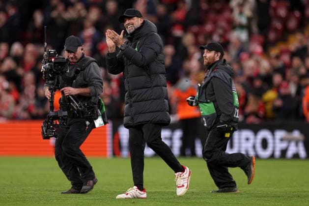 Liverpool manager Jurgen Klopp celebrates at the end of the match Liverpool v Sparta Prague, UEFA Europa League, Round of 16, Second Leg, Football, Anfield, Liverpool, UK - 14 Mar 2024 EDITORIAL USE ONLY No use with unauthorised audio, video, data, fixture lists, club league logos or live services. Online in-match use limited to 120 images, no video emulation. No use in betting, games or single club league player publications.  Copyright: xPaulxCurrie Shutterstockx 14385501cn