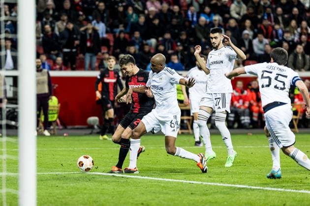 UEFA Europa League Bayer 04 Leverkusen Qarabag Agdam 14 03 2024 duel Exequiel Palacios Bayer 04 Leverkusen, 25 , Julio Romao Qarabag Agdam, 6 UEFA Europa League Bayer 04 Leverkusen Qarabag Agdam, BayArena Leverkusen on 14 03 2024 Copyright: xBEAUTIFULxSPORTS Wunderlx
