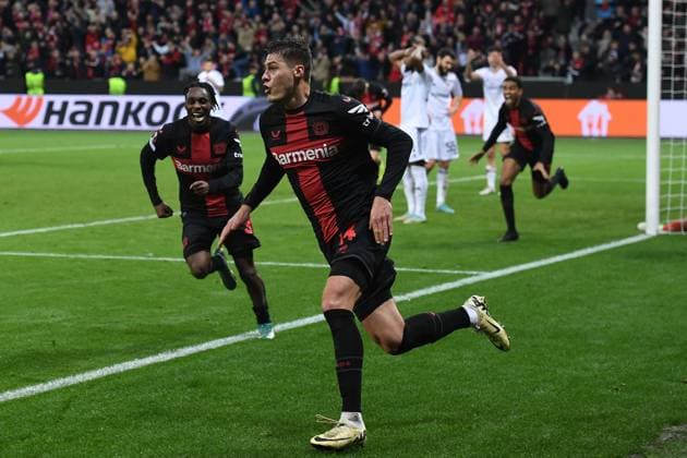 Soccer Europa League Round of 16 Bayer 04 Leverkusen Qarabag Agdam on 14 03 2024 at the BayArena in Leverkusen Goal celebration to 3 2 by Patrik Schick Leverkusen xRx