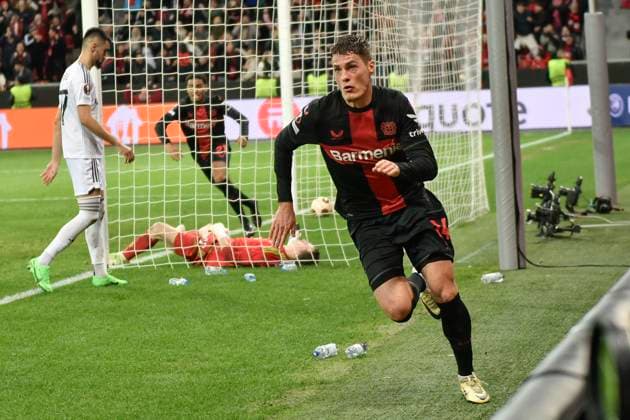 Patrik Schick 14, Bayer Leverkusen celebrates after scoring 3 2 14 03 2024 Soccer Europa League, Bayer 04 Leverkusen vs Qarabag FK, BayArena, Leverkusen, NRW Germany Copyright: xpepphotox xHorstxMauelshagenx pep00321, pep_20240314_hm