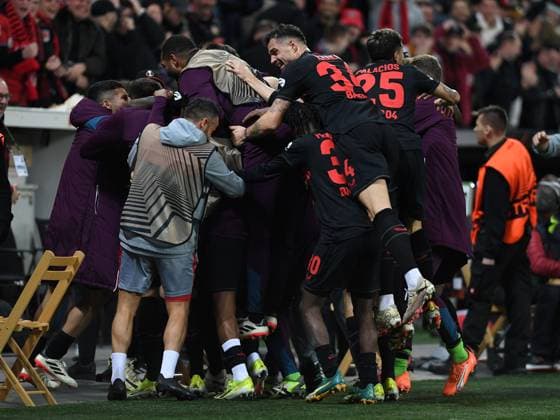 14 03 2024, Leverkusen, Germany, BayARENA, Bayer Leverkusen vs Qarabag FK UEFA Europa League 2023 2024 Round of 16 second leg, Patrik Schick Bayer 04 Leverkusen goal celebration, cheers with his team after scoring the 3 2 Photo Ralf Treese Leverkusen BayARENA North Rhine Westphalia Germany 521_LEVQUA202403134_033 Treese-521