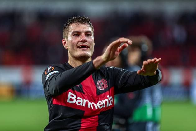 Patrick Schick Bayer 04 Leverkusen, 14 celebrate with the fans after the match, GER, Bayer 04 Leverkusen vs Qarabag Agdam, UEFA Europa League 2023 24, Round of 16 second leg, 14 03 2024, GER, Bayer 04 Leverkusen vs Qarabag Agdam, UEFA Europa League 2023 24, Round of 16 second leg, 14 03 2024, Photo Eibner Pressefoto Gabriel Boia Leverkusen Copyright: xGabrielxBoiax EP_EER