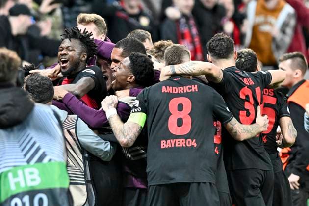 The team of Leverkusen jubilation joy emotion goal celebration goal scorer goal scorer 3 2 Patrik Schick 14, Bayer Leverkusen 14 03 2024 Soccer Europa League, Bayer 04 Leverkusen vs Qarabag FK, BayArena, Leverkusen, NRW Germany Copyright: xpepphotox xHorstxMauelshagenx pep00321, pep_20240314_hm