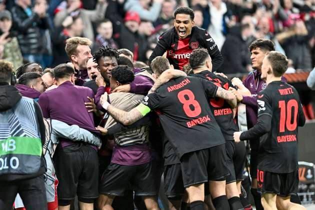 The team of Leverkusen jubilation joy emotion goal celebration goal scorer goal scorer 3 2 Patrik Schick 14, Bayer Leverkusen 14 03 2024 Soccer Europa League, Bayer 04 Leverkusen vs Qarabag FK, BayArena, Leverkusen, NRW Germany Copyright: xpepphotox xHorstxMauelshagenx pep00321, pep_20240314_hm