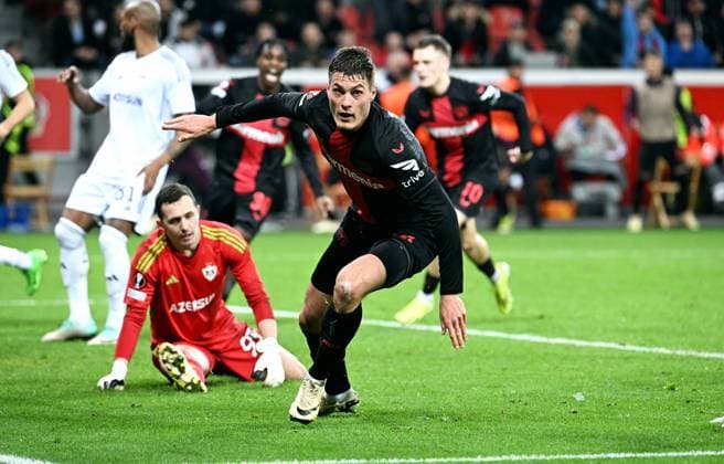 Football, Europa League, Germany, Men, Season 2023 2024, Round of 16 second leg, BayArena Leverkusen, Bayer Leverkusen Qarabag Agdam 3 2 cheer Patrik Schick LEV after his goal for 2 2 cheer, joy, action UEFA REGULATIONS PROHIBIT ANY USE OF PHOTOGRAPHS AS IMAGE SEQUENCES AND OR QUASI VIDEO