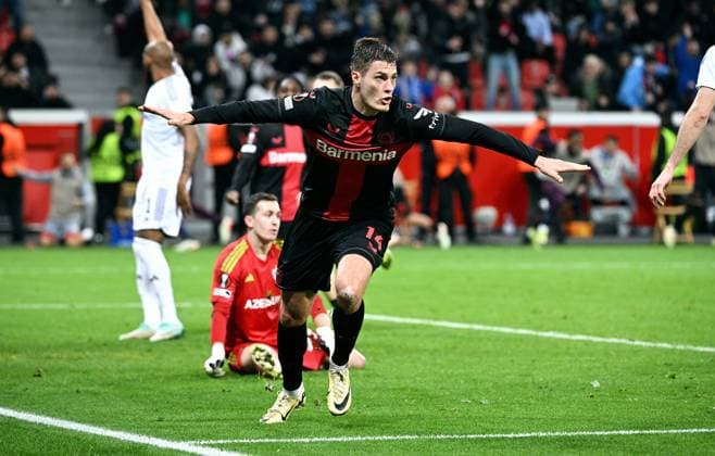 Football, Europa League, Germany, Men, Season 2023 2024, Round of 16 second leg, BayArena Leverkusen, Bayer Leverkusen Qarabag Agdam 3 2 cheer Patrik Schick LEV after his goal for 2 2 cheer, joy, action UEFA REGULATIONS PROHIBIT ANY USE OF PHOTOGRAPHS AS IMAGE SEQUENCES AND OR QUASI VIDEO