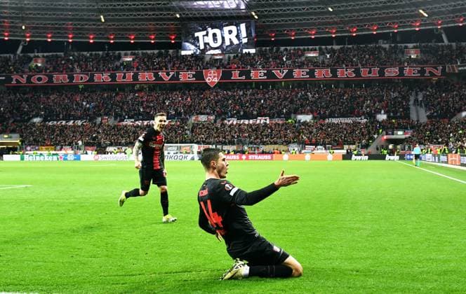 Football, Europa League, Germany, Men, Season 2023 2024, Round of 16 second leg, BayArena Leverkusen, Bayer Leverkusen Qarabag Agdam 3 2 cheer Patrik Schick LEV after his goal for 2 2 cheer, joy, action UEFA REGULATIONS PROHIBIT ANY USE OF PHOTOGRAPHS AS IMAGE SEQUENCES AND OR QUASI VIDEO