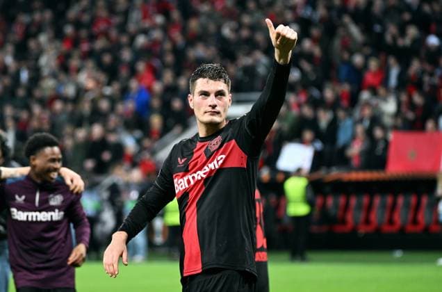 Football, Europa League, Germany, Men, Season 2023 2024, Round of 16 second leg, BayArena Leverkusen, Bayer Leverkusen Qarabag Agdam 3 2 final cheer Patrik Schick LEV cheer, joy, action UEFA REGULATIONS PROHIBIT ANY USE OF PHOTOGRAPHS AS IMAGE SEQUENCES AND OR QUASI VIDEO