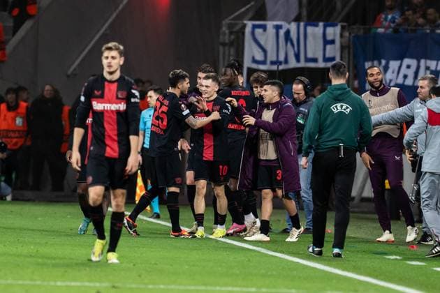 GER, UEFA Europa League Bayer 04 Leverkusen vs QarabaÄü AÄüdam Qarabag Agdam 14 03 2024, BayArena, Leverkusen, GER, UEFA Europa League Bayer 04 Leverkusen vs QarabaÄü AÄüdam Qarabag Agdam In the picture Goal celebrations for the goal to 3 2 Florian Wirtz Bayer 04 Leverkusen, 10 Piero HincapiÃ Piero Hincapie Bayer 04 Leverkusen, 3 Exequiel Palacios Bayer 04 Leverkusen, 25 Patrik Schick Bayer 04 Leverkusen, 14 nordphotoxGmbHxx xChristianxSchulze nph000300