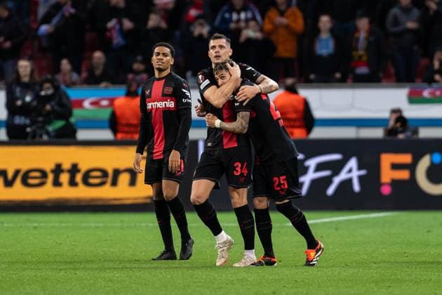 GER, UEFA Europa League Bayer 04 Leverkusen vs QarabaÄü AÄüdam Qarabag Agdam 14 03 2024, BayArena, Leverkusen, GER, UEFA Europa League Bayer 04 Leverkusen vs QarabaÄü AÄüdam Qarabag Agdam In the picture Goal celebrations for the goal to 3 2 Granit Xhaka Bayer 04 Leverkusen, 34 Exequiel Palacios Bayer 04 Leverkusen, 25 Amine Adli Bayer 04 Leverkusen, 21 nordphotoxGmbHxx xChristianxSchulze nph000300