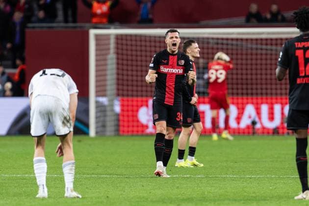 GER, UEFA Europa League Bayer 04 Leverkusen vs QarabaÄü AÄüdam Qarabag Agdam 14 03 2024, BayArena, Leverkusen, GER, UEFA Europa League Bayer 04 Leverkusen vs QarabaÄü AÄüdam Qarabag Agdam In the picture Goal celebrations for the goal to 3 2 Granit Xhaka Bayer 04 Leverkusen, 34 nordphotoxGmbHxx xChristianxSchulze nph000300