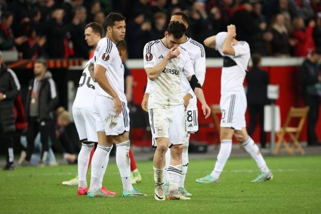 Nariman Akhundzade Qarabag , Matheus Silva Qarabag , Marko Jankovic Qarabag after the lost match, UEFA Europa League, group stage, round of 16, second leg, Bayer 04 Leverkusen vs Qarabag Agdam, Leverkusen, Germany, 14 03 2024