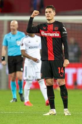 Double goal scorer Patrik Schick Bayer 04 Leverkusen, 14 raises his fist in the air Football UEFA Europa League, 2023 2024 season, round of 16, second leg, Bayer 04 Leverkusen Qarabag FK on 14 03 2024 at the BayArena in Leverkusen Photo Kirchner Media TH Copyright: xKirchner-Media THx
