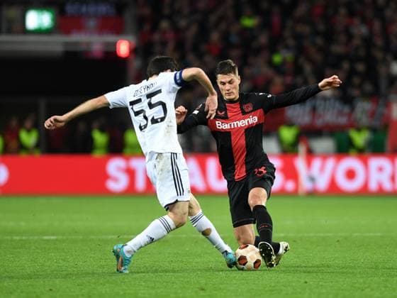 14 03 2024, Leverkusen, Germany, BayARENA, Bayer Leverkusen vs Qarabag FK UEFA Europa League 2023 2024 Round of 16 second leg, Badavi Hueseynov Qarabag Agdam and Patrik Schick Bayer 04 Leverkusen in a duel Photo Ralf Treese Leverkusen BayARENA North Rhine Westphalia Germany 521_LEVQUA202403134_041 Treese-521