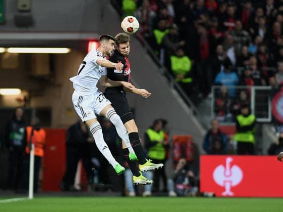 14 03 2024, Leverkusen, Germany, BayARENA, Bayer Leverkusen vs Qarabag FK UEFA Europa League 2023 2024 Round of 16 second leg, Toral Bayramov Qarabag Agdam and Josip Stanisic Bayer 04 Leverkusen in a duel Photo Ralf Treese Leverkusen BayARENA North Rhine Westphalia Germany 521_LEVQUA202403134_045 Treese-521