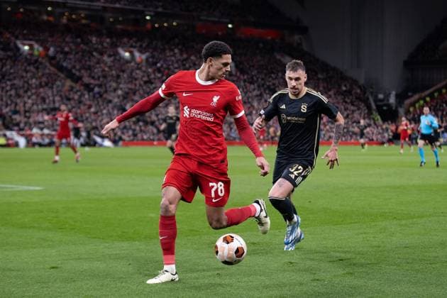 Liverpool v Sparta Prague Europa League 14 03 2024. Round of 16 Sparta Prague Midfielder MatÄ›j RyneÅ¡ (32) battles with Liverpool defender Jarell Quansah (78) during the Europa League Round of 16, second leg match between Liverpool and Sparta Prague at Anfield, Liverpool, England on 14 March 2024. Editorial use only , Copyright: xIanxStephenx PSI-19248-0034