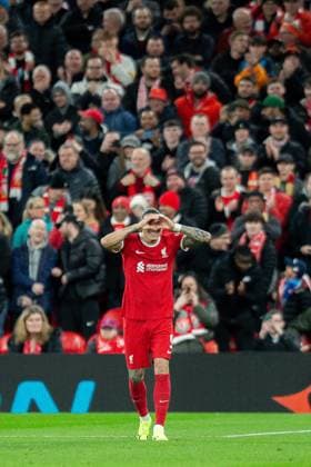 Liverpool v Sparta Prague Europa League 14 03 2024. Round of 16 GOAL 1-0 Liverpool forward Darwin Nunez (9) scores and celebrates during the Europa League Round of 16, second leg match between Liverpool and Sparta Prague at Anfield, Liverpool, England on 14 March 2024. Editorial use only , Copyright: xIanxStephenx PSI-19248-0036