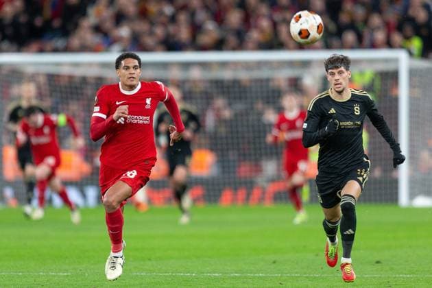 Liverpool v Sparta Prague Europa League 14 03 2024. Round of 16 Sparta Prague Midfielder Veljko BirmanÄeviÄ‡ (14) battles with Liverpool defender Jarell Quansah (78) during the Europa League Round of 16, second leg match between Liverpool and Sparta Prague at Anfield, Liverpool, England on 14 March 2024. Editorial use only , Copyright: xIanxStephenx PSI-19248-0043