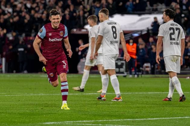 West Ham United v Freiburg Europa League 14 03 2024. Round of 16 GOAL 3-0 West Ham United defender Aaron Cresswell (3) celebrate after getting the third goal for West Ham United during the Europa League match between West Ham United and SC Freiburg at the London Stadium, London, England on 14 March 2024. Editorial use only , Copyright: xStephenxFlynnx PSI-19236-0080