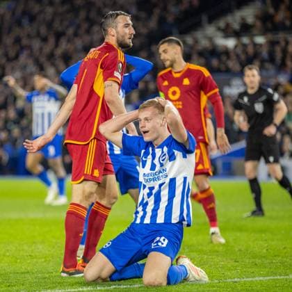 Brighton and Hove Albion v Roma Europa League 14 03 2024. Round of 16 Brighton & Hove Albion FC defender Jan Paul van Hecke (29) after his attempt at goal during the Europa League round of 16 second leg match between Brighton and Hove Albion and Roma at the American Express Stadium, Brighton and Hove, England on 14 March 2024. Brighton and Hove American Express Stadium East Sussex England Editorial use only , Copyright: xJanexStokesx PSI-19250-0035