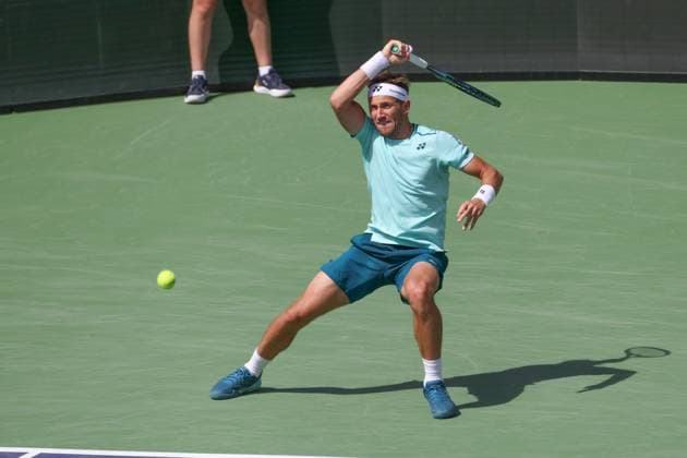 INDIAN WELLS, CA - MARCH 14: Casper Ruud (NOR) hits a forehand during the BNP Paribas Open on March 14, 2024 at Indian Wells Tennis Garden in Indian Wells, CA. (Photo by George Walker Icon Sportswire) TENNIS: MAR 14 BNP Paribas Open EDITORIAL USE ONLY Icon240314052