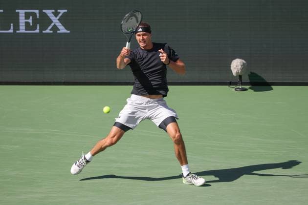 INDIAN WELLS, CA - MARCH 14: Alexander Zverev (GER) hits a forehand during the BNP Paribas Open on March 14, 2024 at Indian Wells Tennis Garden in Indian Wells, CA. (Photo by George Walker Icon Sportswire) TENNIS: MAR 14 BNP Paribas Open EDITORIAL USE ONLY Icon240314070