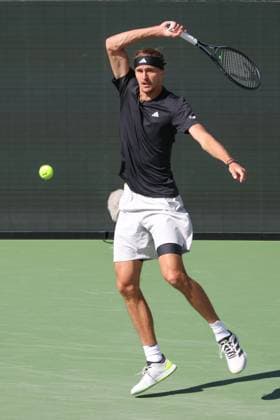INDIAN WELLS, CA - MARCH 14: Alexander Zverev (GER) hits a forehand during the BNP Paribas Open on March 14, 2024 at Indian Wells Tennis Garden in Indian Wells, CA. (Photo by George Walker Icon Sportswire) TENNIS: MAR 14 BNP Paribas Open EDITORIAL USE ONLY Icon240314071