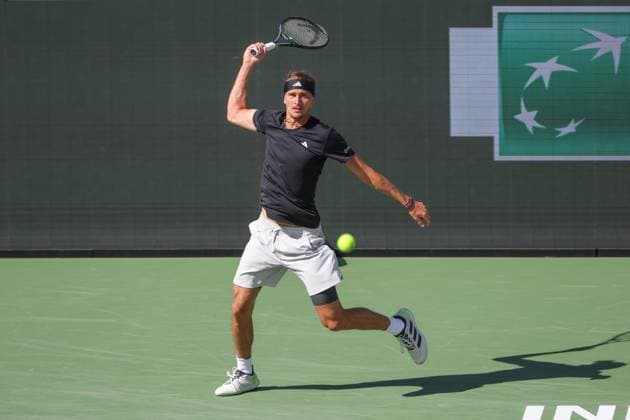 INDIAN WELLS, CA - MARCH 14: Alexander Zverev (GER) hits a forehand during the BNP Paribas Open on March 14, 2024 at Indian Wells Tennis Garden in Indian Wells, CA. (Photo by George Walker Icon Sportswire) TENNIS: MAR 14 BNP Paribas Open EDITORIAL USE ONLY Icon240314072
