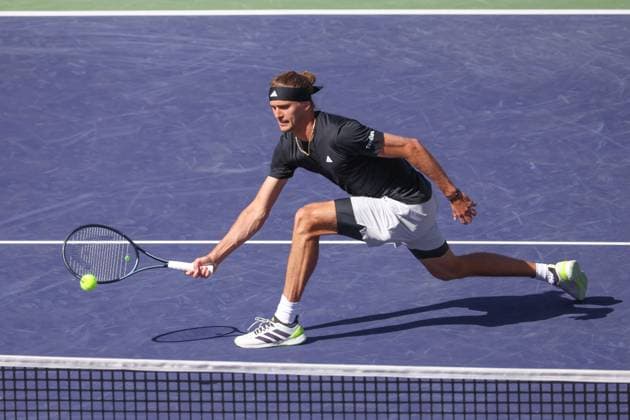 INDIAN WELLS, CA - MARCH 14: Alexander Zverev (GER) hits a forehand during the BNP Paribas Open on March 14, 2024 at Indian Wells Tennis Garden in Indian Wells, CA. (Photo by George Walker Icon Sportswire) TENNIS: MAR 14 BNP Paribas Open EDITORIAL USE ONLY Icon240314073