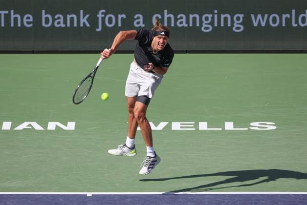 INDIAN WELLS, CA - MARCH 14: Alexander Zverev (GER) serves during the BNP Paribas Open on March 14, 2024 at Indian Wells Tennis Garden in Indian Wells, CA. (Photo by George Walker Icon Sportswire) TENNIS: MAR 14 BNP Paribas Open EDITORIAL USE ONLY Icon240314075