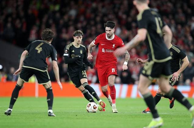 14th March 2024; Anfield, Liverpool, Merseyside, England; Europa League, Round of 16, Second Leg Football, Liverpool versus Sparta Prague; Dominik Szoboszlai of Liverpool takes on Markus Solbakken of Sparta Prague  ActionPlus12618106 DavidxBlunsden