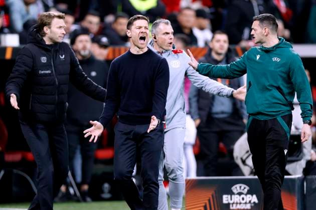 ALONSO Xabier Coach Team Bayer 04 Leverkusen with Sports Director ROLFES Simon UEFA Europa League Season 2023 2024 Round of 16 Match Bayer 04 Leverkusen Qarabag 3 2 on 15 03 2024 in Leverkusen DFL REGULATIONS PROHIBIT ANY USE OF PHOTOGRAPHS as IMAGE SEQUENCES and or QUASI VIDEO Copyright: xLacixPerenyix