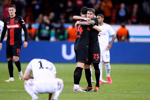 XHAKA Granit Team Bayer 04 Leverkusen after the victory with PALACIOS Exequiel UEFA Europa League season 2023 2024 Round of 16 match Bayer 04 Leverkusen Qarabag 3 2 on 15 03 2024 in Leverkusen DFL REGULATIONS PROHIBIT ANY USE OF PHOTOGRAPHS as IMAGE SEQUENCES and or QUASI VIDEO Copyright: xLacixPerenyix