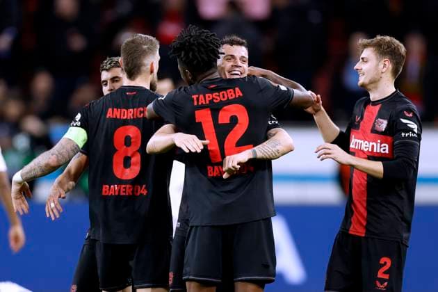 XHAKA Granit Team Bayer 04 Leverkusen after the victory with TAPSOBA, ANDRICH and STANISIC UEFA Europa League season 2023 2024 Round of 16 match Bayer 04 Leverkusen Qarabag 3 2 on 15 03 2024 in Leverkusen DFL REGULATIONS PROHIBIT ANY USE OF PHOTOGRAPHS as IMAGE SEQUENCES and or QUASI VIDEO Copyright: xLacixPerenyix
