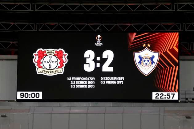 Display Monitor Final Result Bayer 04 Leverkusen UEFA Europa League Season 2023 2024 Round of 16 Match Bayer 04 Leverkusen Qarabag 3 2 on 15 03 2024 in Leverkusen DFL REGULATIONS PROHIBIT ANY USE OF PHOTOGRAPHS as IMAGE SEQUENCES and or QUASI VIDEO Copyright: xLacixPerenyix