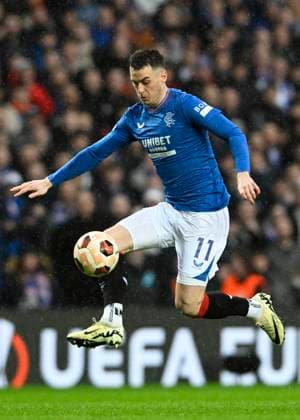 Glasgow, Scotland, 14th March 2024. Tom Lawrence of Rangers during the UEFA Europa League Round of 16 match at Ibrox Stadium, Glasgow. Picture credit should read: Neil Hanna Sportimage EDITORIAL USE ONLY. No use with unauthorised audio, video, data, fixture lists, club league logos or live services. Online in-match use limited to 120 images, no video emulation. No use in betting, games or single club league player publications. SPI-3007-0064