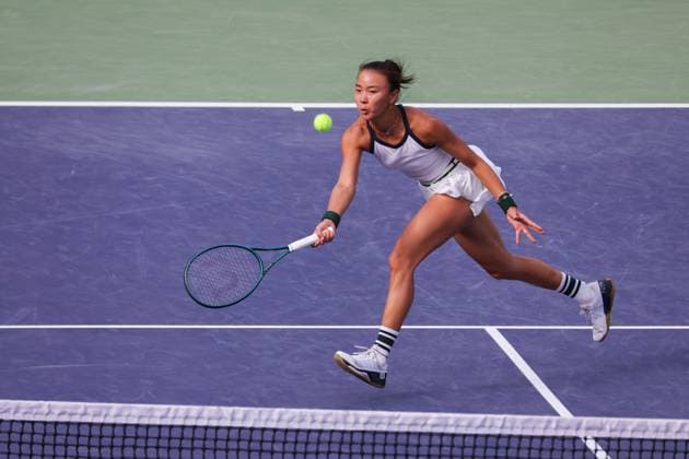 INDIAN WELLS, CA - MARCH 14: Yue Yuan (CHN) hits a volley during the BNP Paribas Open on March 14, 2024 at Indian Wells Tennis Garden in Indian Wells, CA. (Photo by George Walker Icon Sportswire) TENNIS: MAR 14 BNP Paribas Open EDITORIAL USE ONLY Icon240314082