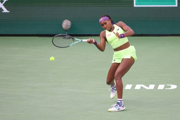 INDIAN WELLS, CA - MARCH 14: Coco Gauff (USA) hits a forehand during the BNP Paribas Open on March 14, 2024 at Indian Wells Tennis Garden in Indian Wells, CA. (Photo by George Walker Icon Sportswire) TENNIS: MAR 14 BNP Paribas Open EDITORIAL USE ONLY Icon240314098