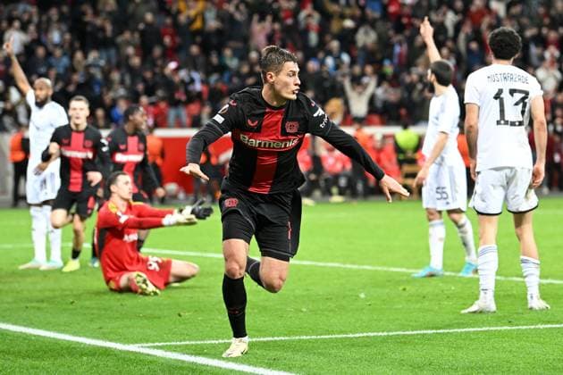 Leverkusen, Bayarena, 14 03 24, GER, Men, UEFA Europa League, Season 2023 2024, Round of 16, Bayer 04 Leverkusen Qarabag Agdam FK Picture Patrik SCHICK Leverkusen cheers after his goal to 2 2 Only for editorial use UEFA regulations prohibit any use of photographs as image sequences and or quasi video Nordrhein Westfalen Germany