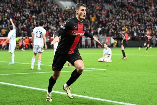 Leverkusen, Bayarena, 14 03 24, GER, Men, UEFA Europa League, Season 2023 2024, Round of 16, Bayer 04 Leverkusen Qarabag Agdam FK Picture Patrik SCHICK Leverkusen cheers after his goal to 2 2 Only for editorial use UEFA regulations prohibit any use of photographs as image sequences and or quasi video Nordrhein Westfalen Germany