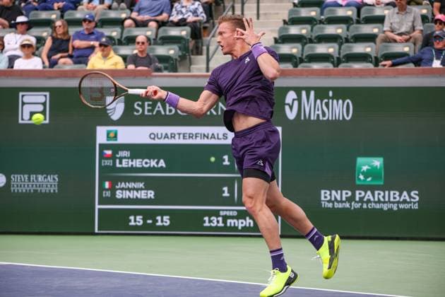 INDIAN WELLS, CA - MARCH 14: Jiri Lehecka (CZE) hits a forehand during the BNP Paribas Open on March 14, 2024 at Indian Wells Tennis Garden in Indian Wells, CA. (Photo by George Walker Icon Sportswire) TENNIS: MAR 14 BNP Paribas Open EDITORIAL USE ONLY Icon240314113
