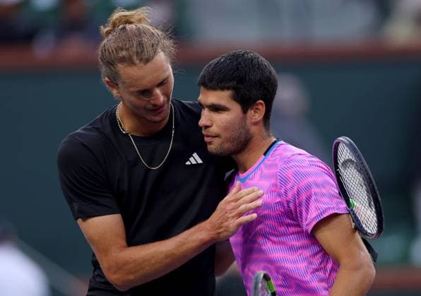 Carlos Alcaraz of Spain meets Alexander Zverev of Germany at the net BNP Paribas Open, Tennis, Day 9, Indian Wells Tennis Garden, California, USA - 14 Mar 2024  Copyright: xEllaxLing Shutterstockx 14386185dr