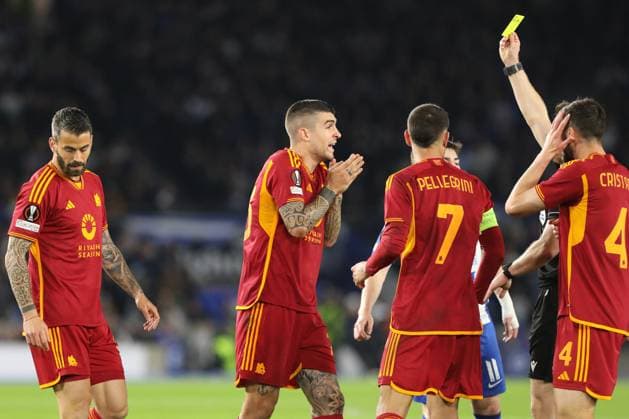Gianluca Mancini of AS Roma is shown a yellow card during the UEFA Europa League match between Brighton and Hove Albion and Roma at the American Express Community Stadium, Brighton and Hove, England on 14 March 2024. Copyright: xJoshuaxSmithx 40070050