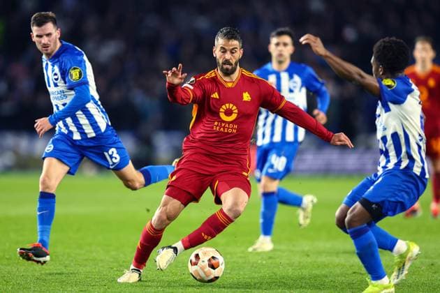 Brighton gegen AS Roma 14. März 2024, London UEFA EUROPA League, Achtelfinale, Rückspiel Brighton Hove Albion gegen AS Roma Leonardo Spinazzola von AS Roma Foto Charlotte Wilson Abseits Brighton UK  Copyright: xCharlottexWilsonx xOffsidexOffside