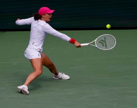 March 14, 2024 Iga Swiatek of Poland returns a shot against Caroline Wozniacki of Denmark during the BNP Paribas Open in Indian Wells, CA. CSM Indian Wells United States of America - ZUMAc04_ 20240314_zma_c04_261 Copyright: xCharlesxBausx